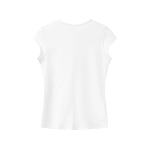 Rear view of white slim fit short sleeve athletic top featuring small cap sleeves style