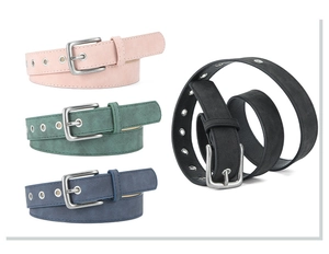 Detail view of four matte PU leather belts in pink, green, blue, and black with metal buckles