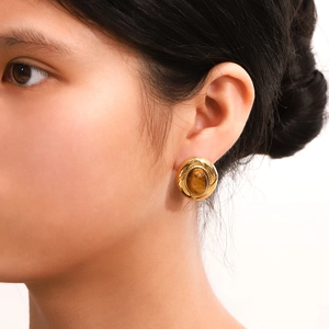 Vintage gold oval pearl earrings with brown tiger eye stone texture for elegant women