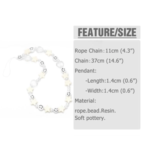 Beaded phone strap with white stars, smiley faces, and clay beads, 37cm length