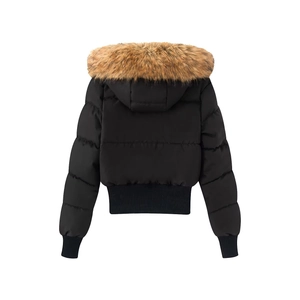 Back view of black hooded puffer jacket with fluffy brown faux fur trim and quilted details