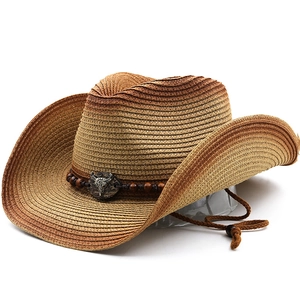 Brown gradient western cowboy straw hat with bull skull emblem and adjustable chin strap