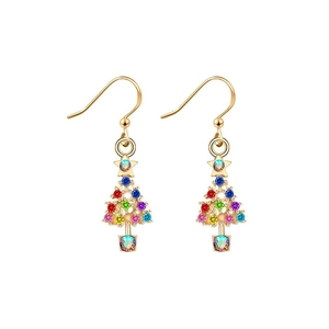 Detailed shot of Christmas tree hook earrings featuring colorful rhinestones on gold metal