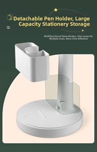 Detail of multi-functional LED desk lamp base with removable pencil holder and phone stand