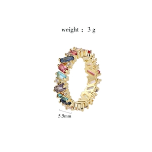 Detail view of 18K gold plated rainbow ring with multi-color zircon stones and dimensions