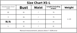 Detailed size chart for lace satin top showing XS-L measurements in centimeters