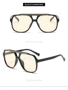 Front and 45-degree views of black sunglasses with champagne lenses and gold metal bars