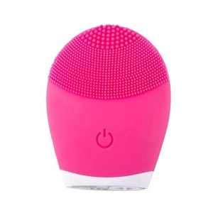 Rose red silicone facial cleanser with soft bristles and white base on white background