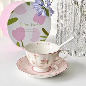 Pink rabbit ceramic coffee cup and saucer set with floral box for vintage afternoon tea