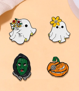 Detailed set of four Halloween enamel pins featuring ghost, witch, and pumpkin pirate