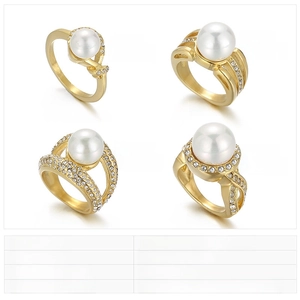 Detail view of gold-plated stainless steel rings with shell pearls and rhinestones