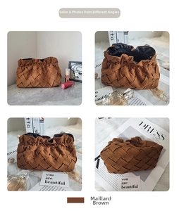 Detailed views of a brown woven corduroy clutch bag on marble and plush surfaces