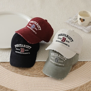 Vintage washed cotton baseball caps for kids with distressed holes and letter embroidery