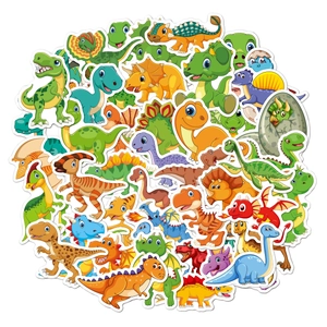 Colorful assorted cartoon dinosaur stickers featuring T-Rex and Triceratops for kids