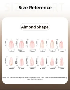 Size chart for French white almond press-on nails showing 12 dimensions for 24 pieces
