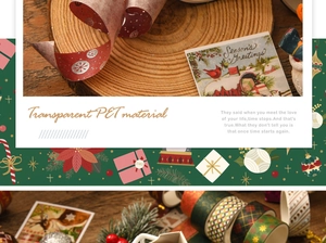 Detail showing various Christmas themed PET tapes with gold foil prints for scrapbooking