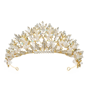 Luxurious handmade gold crystal bridal crown with intricate leaf and floral designs