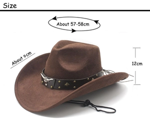 Brown faux suede cowboy hat showing 57-58cm circumference and 9cm wide brim dimensions