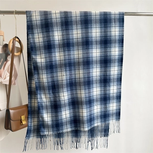 Detailed view of the soft blue plaid scarf texture with elegant tassel fringe details