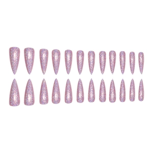 Detail of 24 long stiletto press-on nails featuring pink laser glitter finish