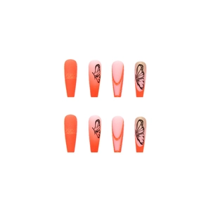 Orange long coffin press-on nails set with butterfly hand-painted designs and gradients