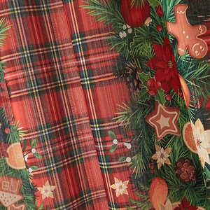 Christmas plaid curtains with festive red green patterns of pine cones and gingerbread