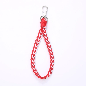 Handmade red and white braided wristlet keychain with metallic spring buckle connector