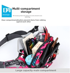 Internal storage detail of pink camo waist bag with large capacity pockets for essentials