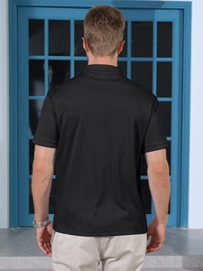 Rear view of men's black short sleeve polo shirt with classic collar and clean design