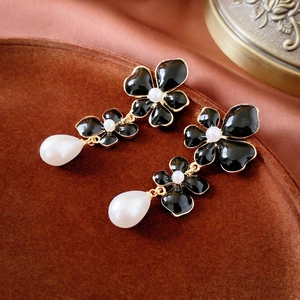 French vintage black enamel flower earrings with gold frame and drop pearl charms