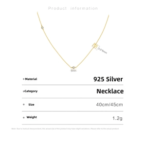 Detail showing S925 sterling silver M letter necklace with dimensions and material specs