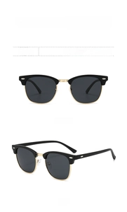 Detailed views of vintage semi-rimless sunglasses in black and gold with polarising lenses