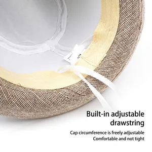 Light brown woven sun hat featuring an internal adjustable drawstring for custom fit