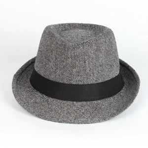 Classic mixed grey fedora hat with black ribbon band shown from a 45-degree top angle