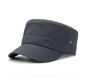 Detail of dark grey cadet cap featuring side metal eyelets and reinforced stitching