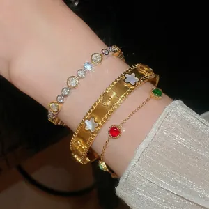 Stainless Steel Bangle And Bracelet For Women With Shell Flower Pattern And Rhinestone High End Fashion Jewelry