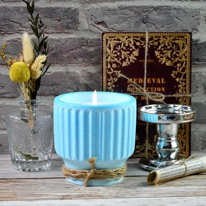 Striped blue silicone candle jar mold for DIY gypsum craft with vintage twine decoration