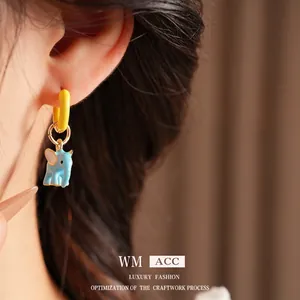 Cute cartoon elephant drop earrings with yellow hoops and blue enamel finish for women