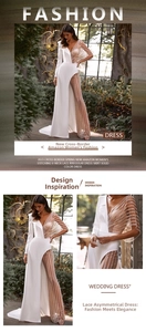 Détail de robe blanche col en V avec patchwork de dentelle et ourlet asymétrique fendu