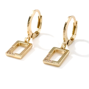 Elegant gold rectangular dangle earrings with zircon accents on a clean white background