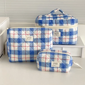 Quilted Cotton Cosmetic Bag Plaid Red Line Blue Check Portable Travel Toiletry Organizer Pouch Retro Minimalist