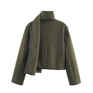 Fashionable dark green wool short jacket with scarf collar and black PU leather piping