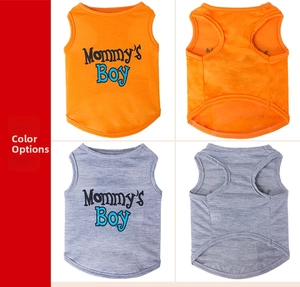 Detail view of cotton pet vests in orange and grey with Mommy's Boy print