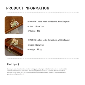 Detailed size specifications for flower pearl hair clips with alloy and resin materials