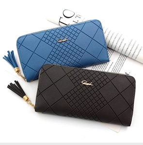 Blue and black long PU leather wallets with diamond quilting and tassel zipper charms