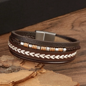 Men's vintage multi-layer braided leather bracelet with beads and silver magnetic buckle