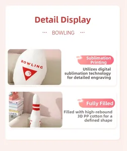 Close-up of bowling plush pillow showing 3D PP cotton filling and digital printing detail