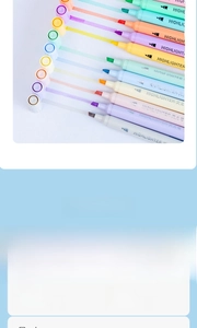 Detail of dual-tip macaron highlighters showing round and chisel nibs with ink specifications
