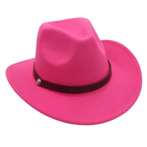 Detail of rose red felt cowboy hat featuring dark brown leather band and silver metal buckle