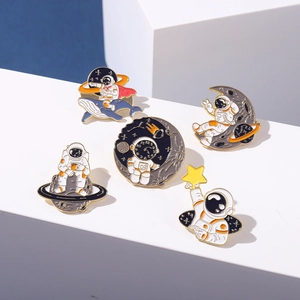 Astronaut series enamel pins collection with space explorers on minimalist geometric stands